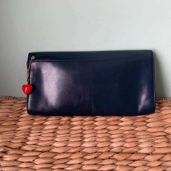 Navy Blue Leather Clutch Purse with Heart Charm - Picture 3 of 4